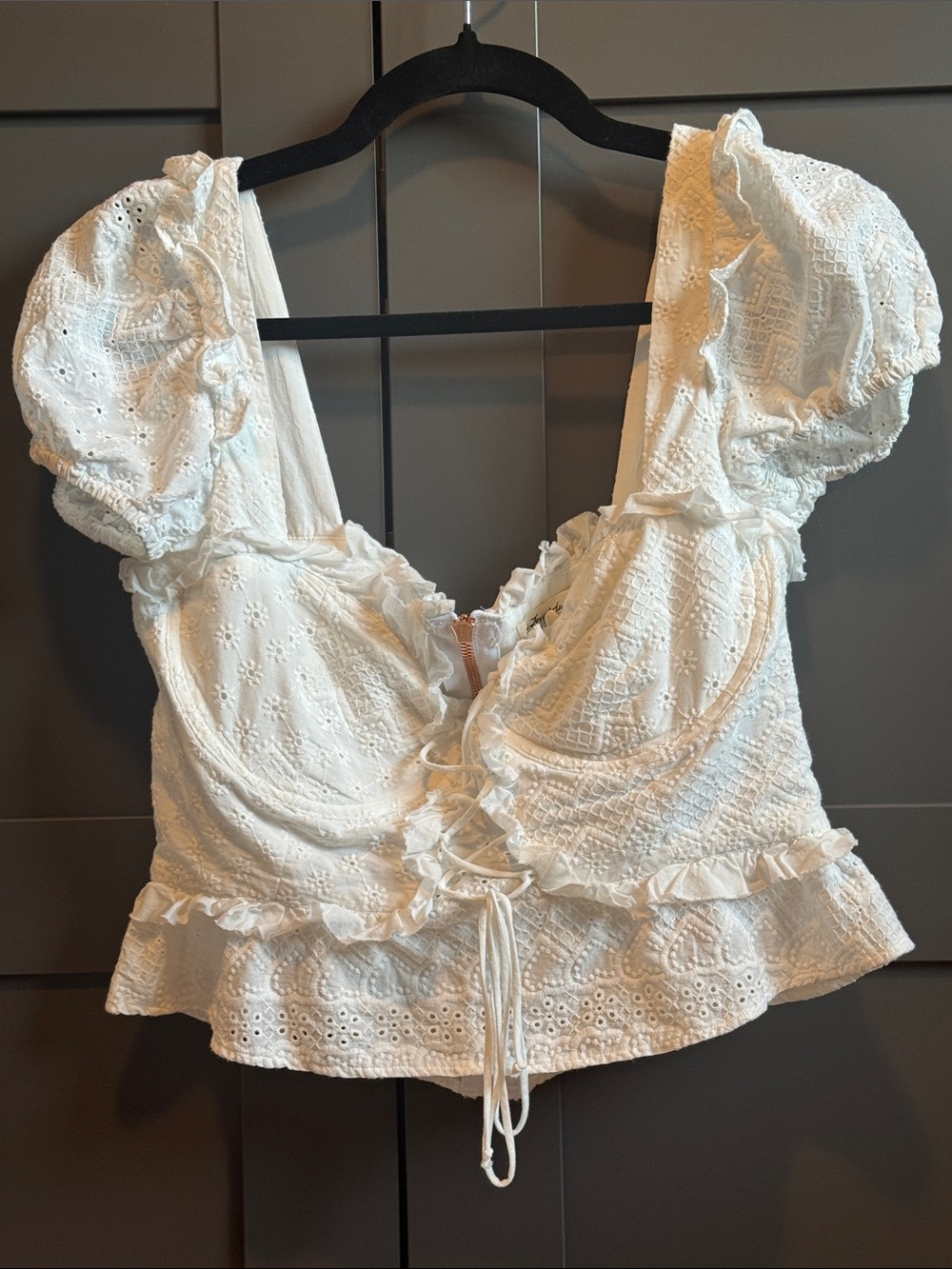 For Love & Lemons White Eyelet Ruffle Lace-Up Puff Sleeve Crop Top